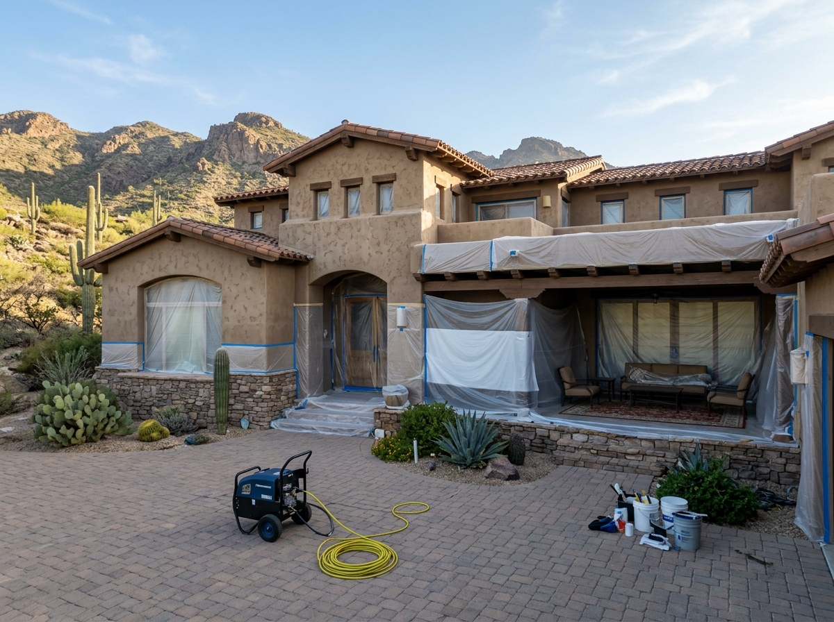 Superior Homes Painting crew performing pressure washing and surface prep on Cave Creek home